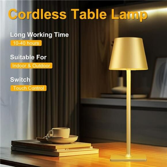 Gold Rechargeable Cordless Table Lamp Dimmable Waterproof Portable Light for Pat - Picture 5 of 7